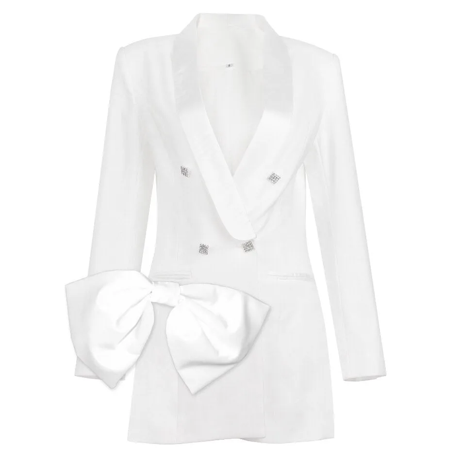 White Satin Lapel Collar Double Breasted Blazer Dress With Rhinestone Insert Crystal Button And Faux Front Pockets