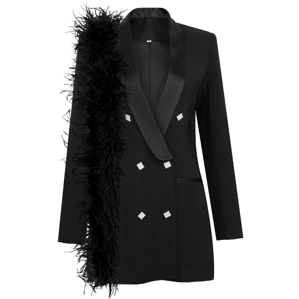 White Satin Lapel Collar Double Breasted Blazer Dress With Rhinestone Insert Crystal Button And Faux Front Pockets