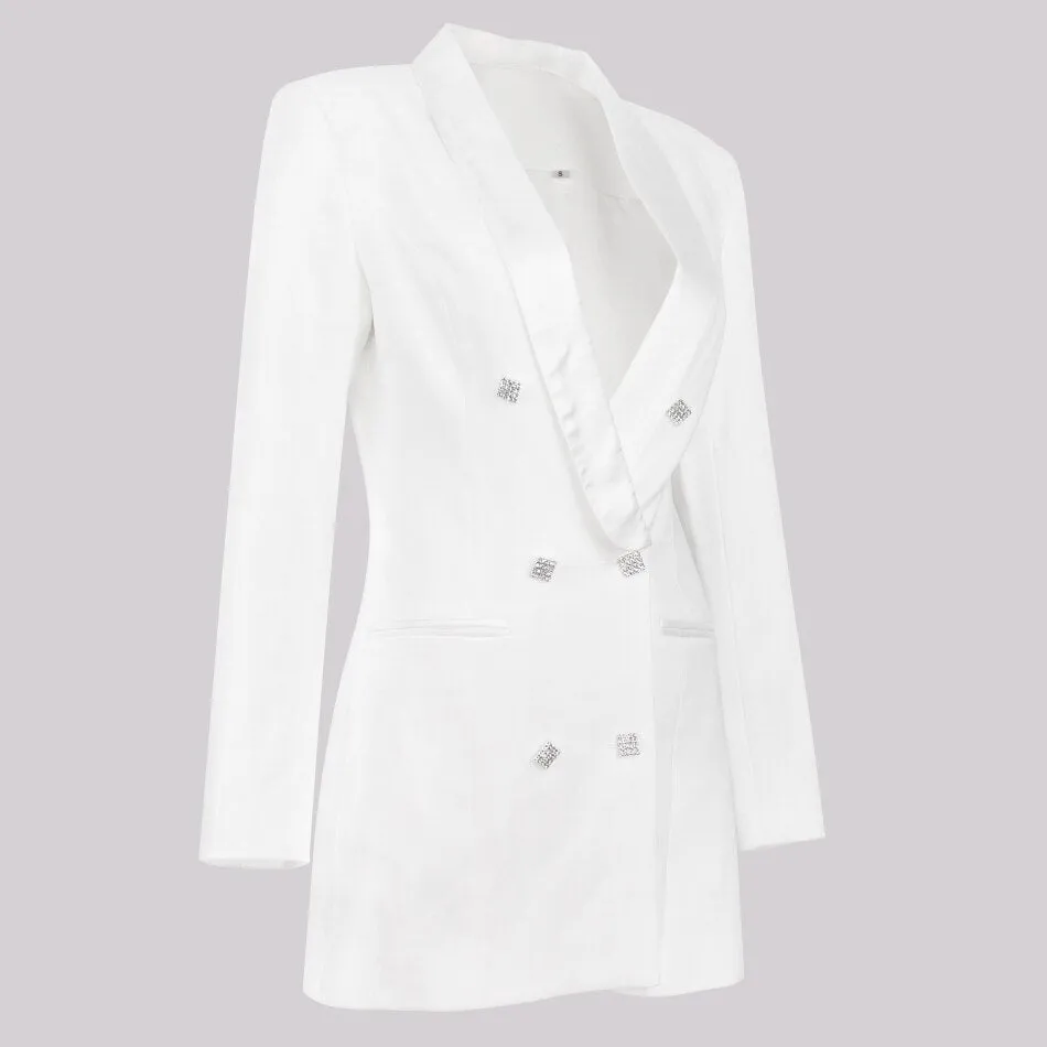 White Satin Lapel Collar Double Breasted Blazer Dress With Rhinestone Insert Crystal Button And Faux Front Pockets