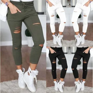 Women Skinny Ripped Pants High Waist Stretch Pencil Pants