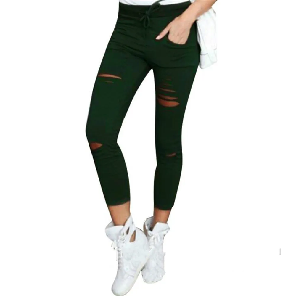 Women Skinny Ripped Pants High Waist Stretch Pencil Pants