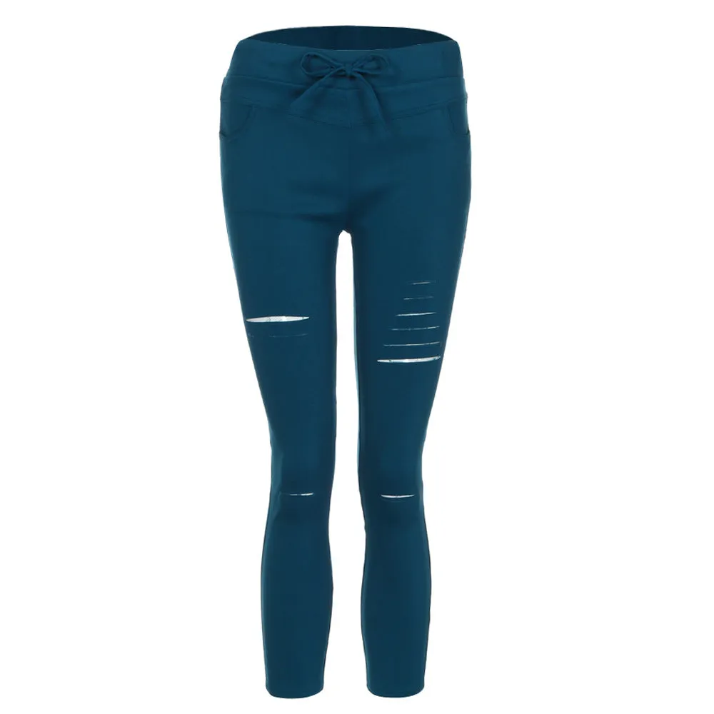 Women Skinny Ripped Pants High Waist Stretch Pencil Pants