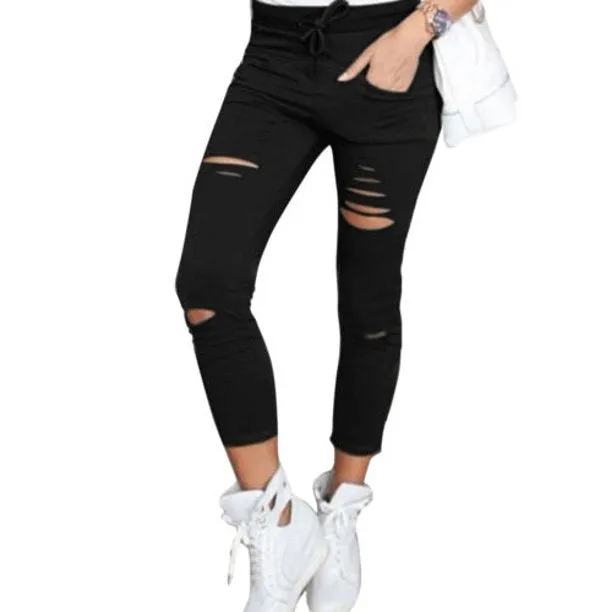 Women Skinny Ripped Pants High Waist Stretch Pencil Pants
