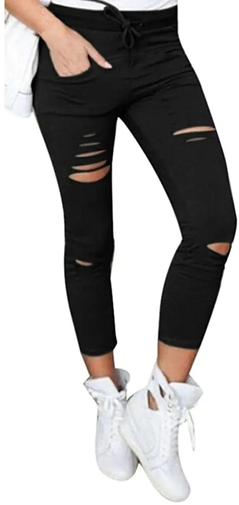 Women Skinny Ripped Pants High Waist Stretch Pencil Pants