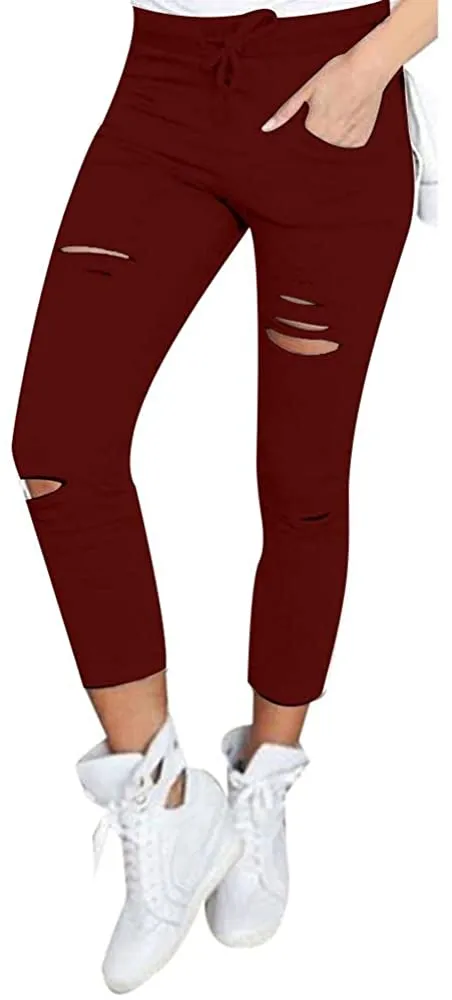 Women Skinny Ripped Pants High Waist Stretch Pencil Pants