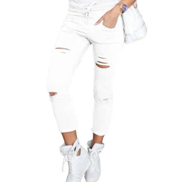Women Skinny Ripped Pants High Waist Stretch Pencil Pants
