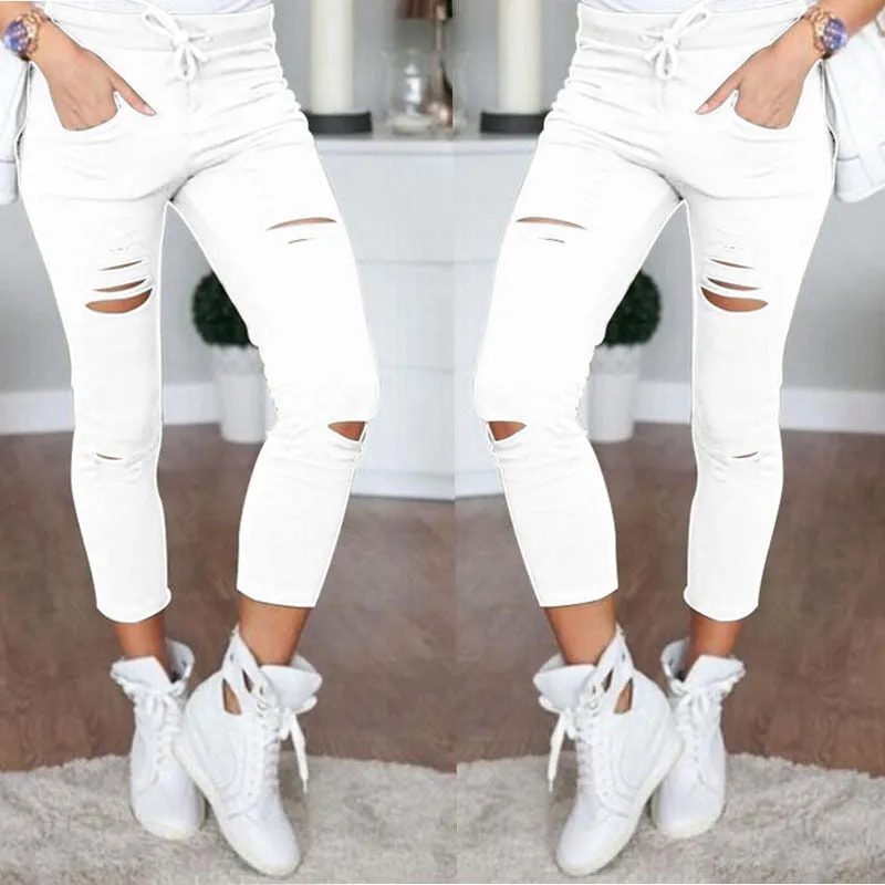 Women Skinny Ripped Pants High Waist Stretch Pencil Pants