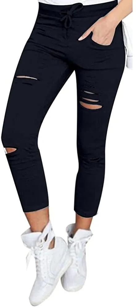 Women Skinny Ripped Pants High Waist Stretch Pencil Pants