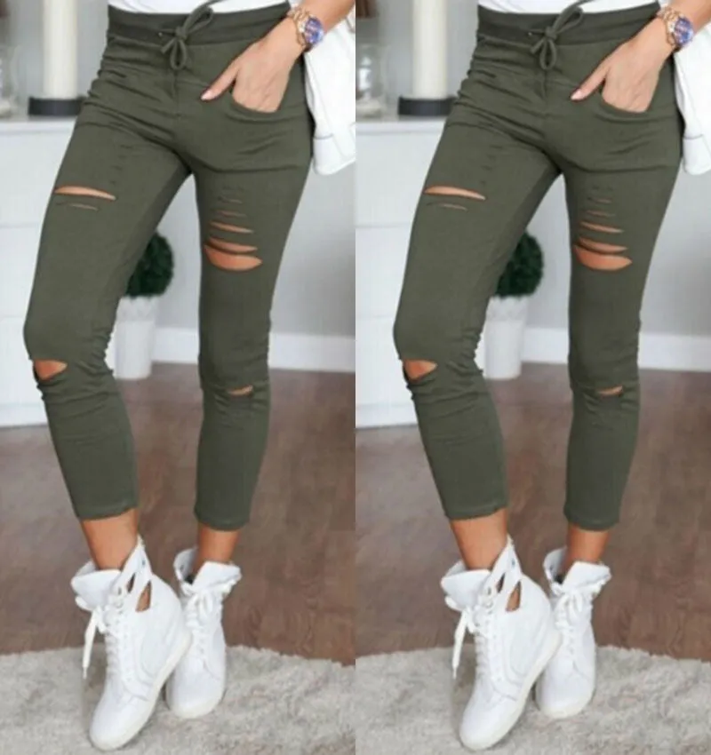 Women Skinny Ripped Pants High Waist Stretch Pencil Pants