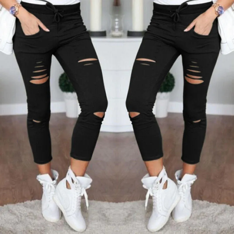 Women Skinny Ripped Pants High Waist Stretch Pencil Pants