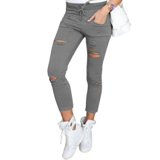 Women Skinny Ripped Pants High Waist Stretch Pencil Pants