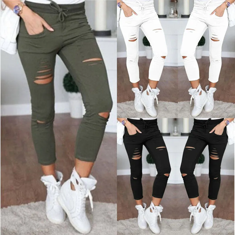 Women Skinny Ripped Pants High Waist Stretch Pencil Pants