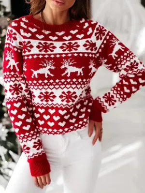 Women's Christmas Snowflake Reindeer Knitted Sweater Long Sleeve Crew Neck Heart Print Pullover Knitwear