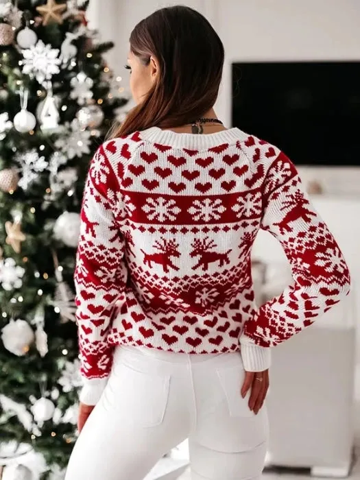 Women's Christmas Snowflake Reindeer Knitted Sweater Long Sleeve Crew Neck Heart Print Pullover Knitwear