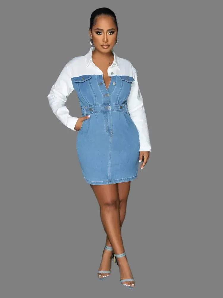 Women’s Denim Patchwork Bodycon Midi Dress – High Street Chic for Autumn