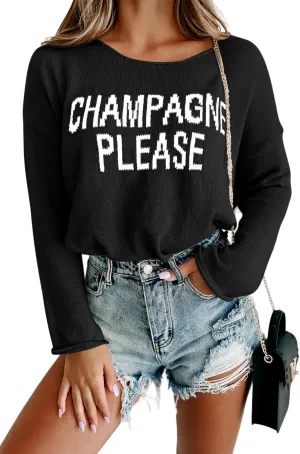 Womens Fashion 2025 Champagne Please Graphic Long Sleeve Pullover Sweater Loose Crewneck Knitted Sweatshirt Tops