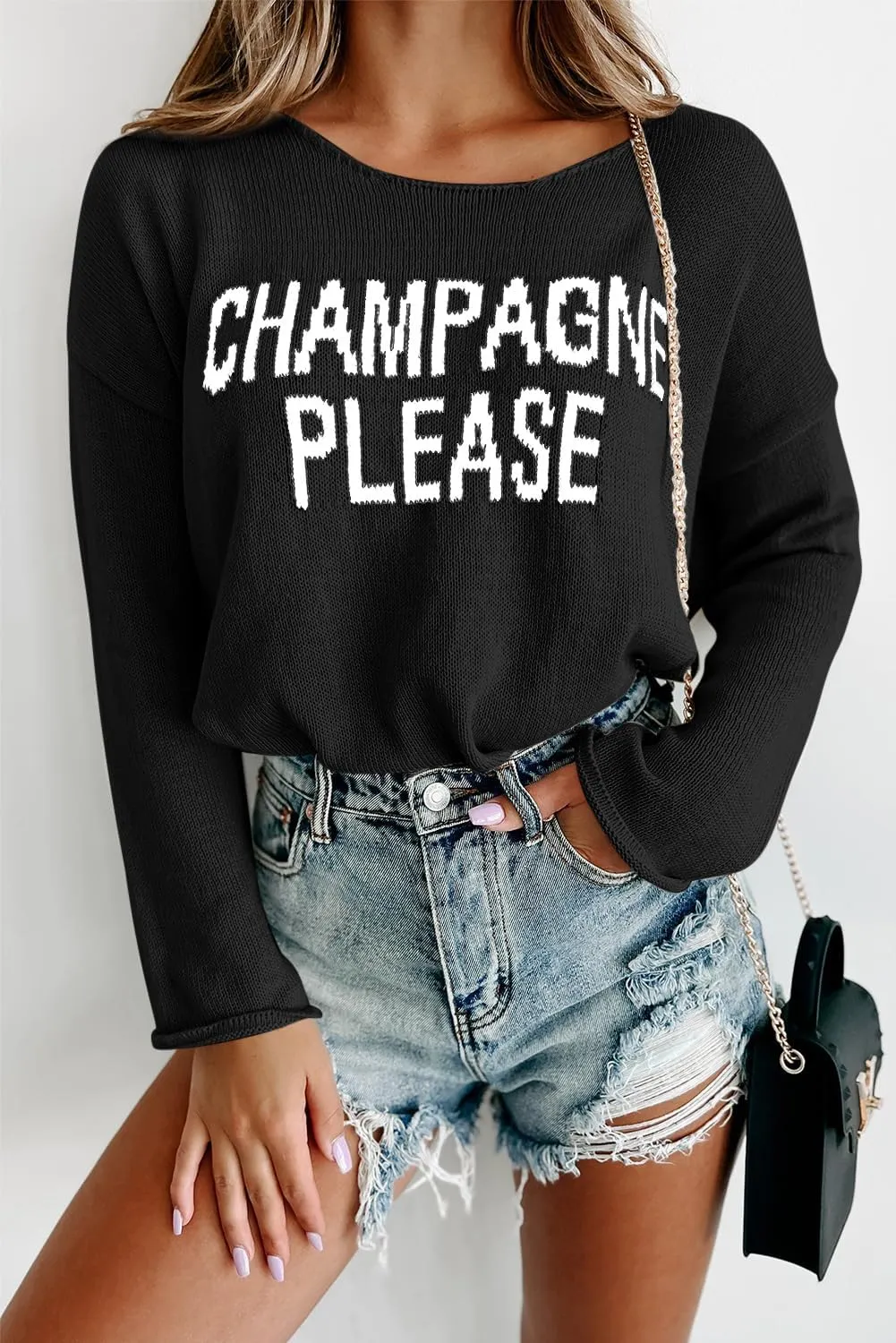 Womens Fashion 2025 Champagne Please Graphic Long Sleeve Pullover Sweater Loose Crewneck Knitted Sweatshirt Tops