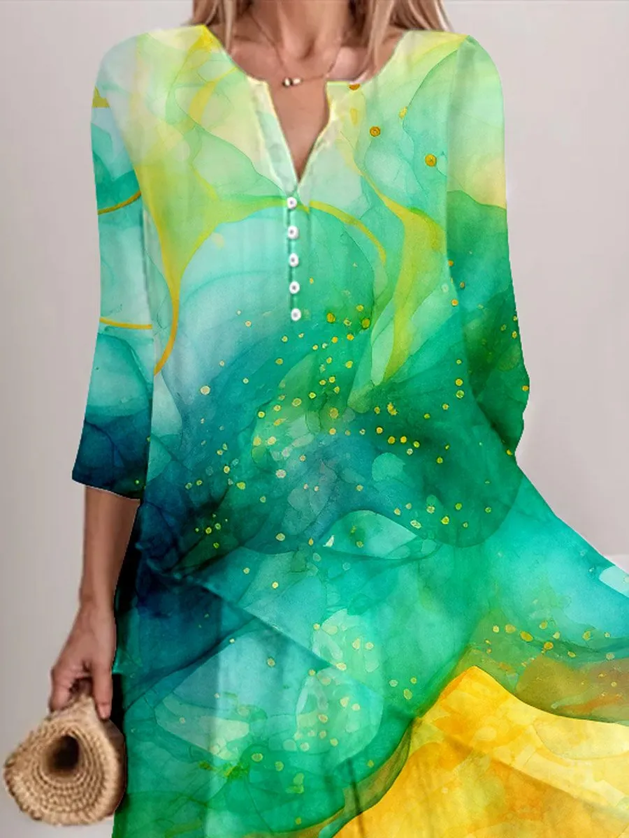 Women's Watercolor Splash Fluid Art Print Flowy Dress