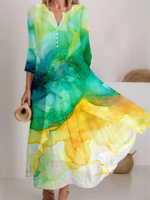 Women's Watercolor Splash Fluid Art Print Flowy Dress