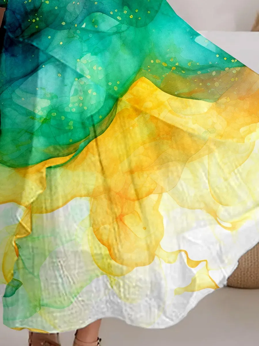 Women's Watercolor Splash Fluid Art Print Flowy Dress