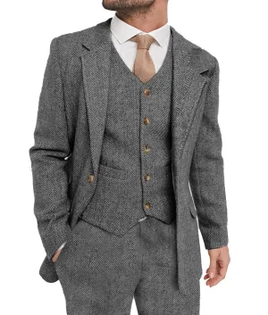 xiangtuibao Mens Suit Grey 3 Piece Suit Hight Quality Wool Tweed Wedding Groomsmen Shawl Lapel Tuxedos Slim Fit Blazer Pants vest