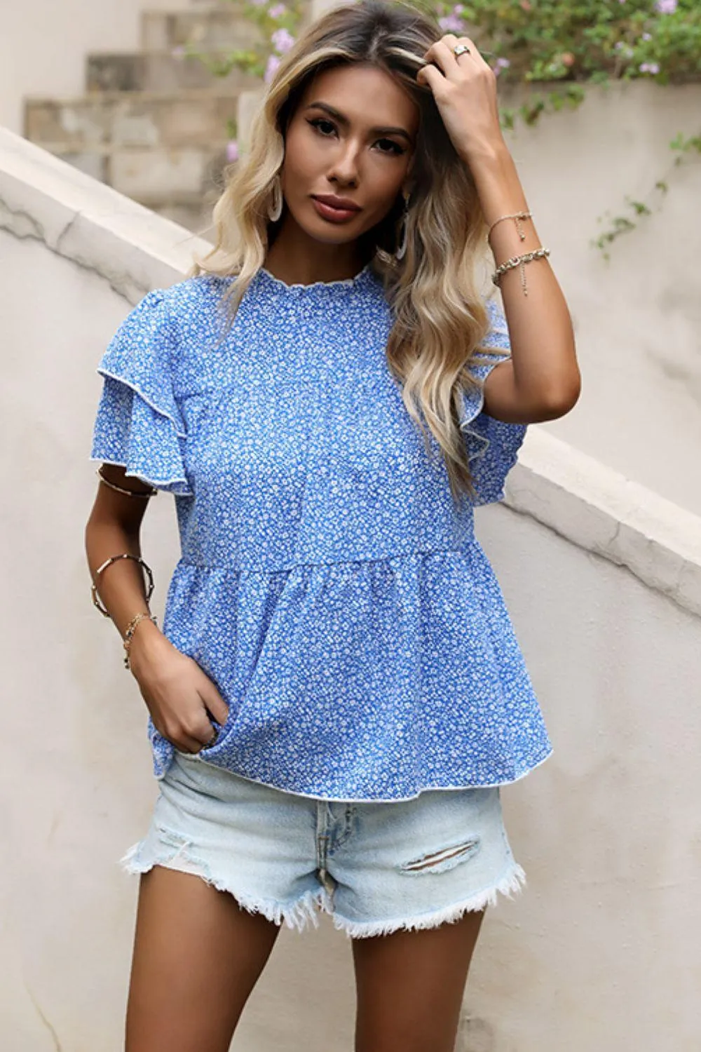 You Go Girl Tiered Ruffled Blue Floral Blouse