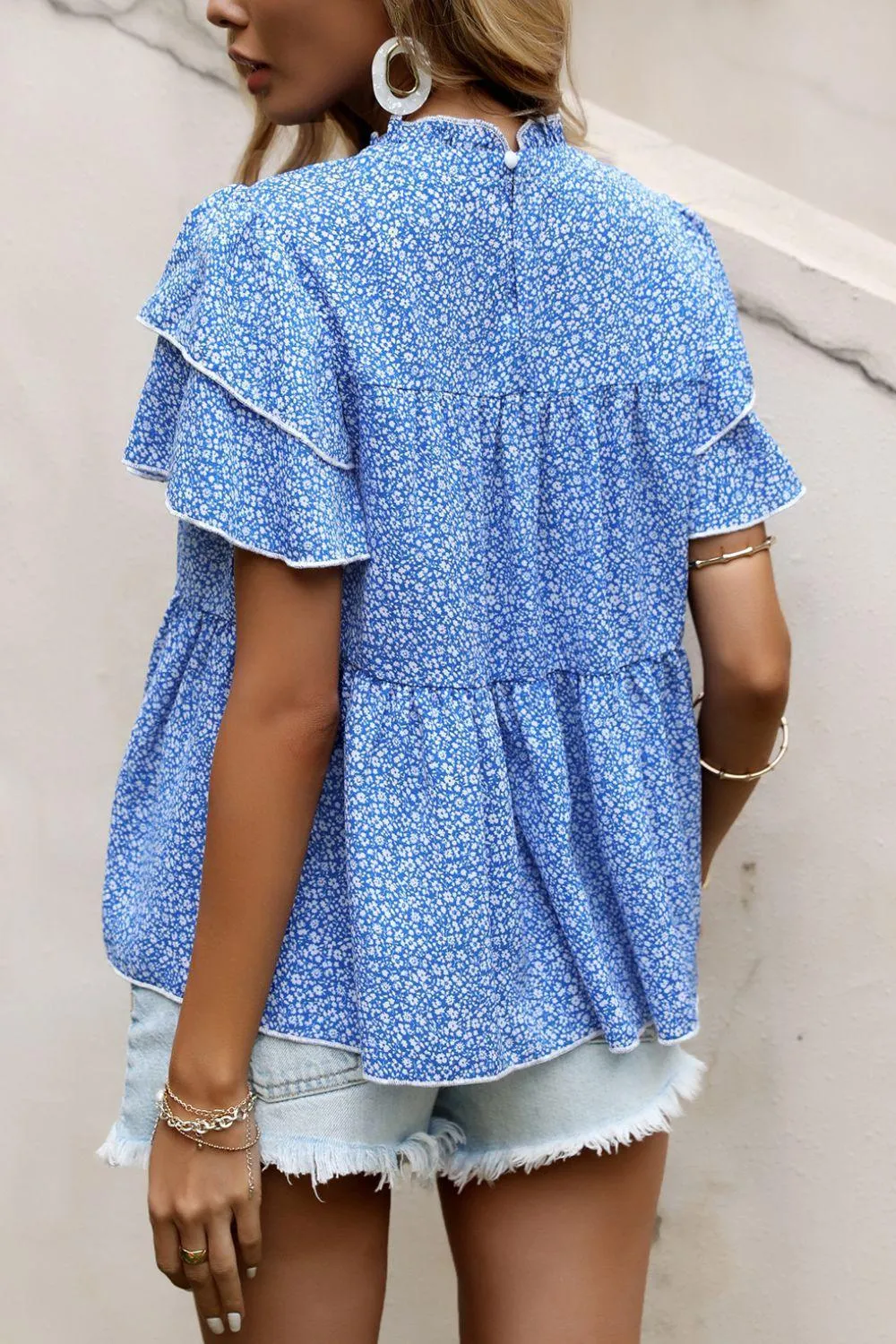 You Go Girl Tiered Ruffled Blue Floral Blouse